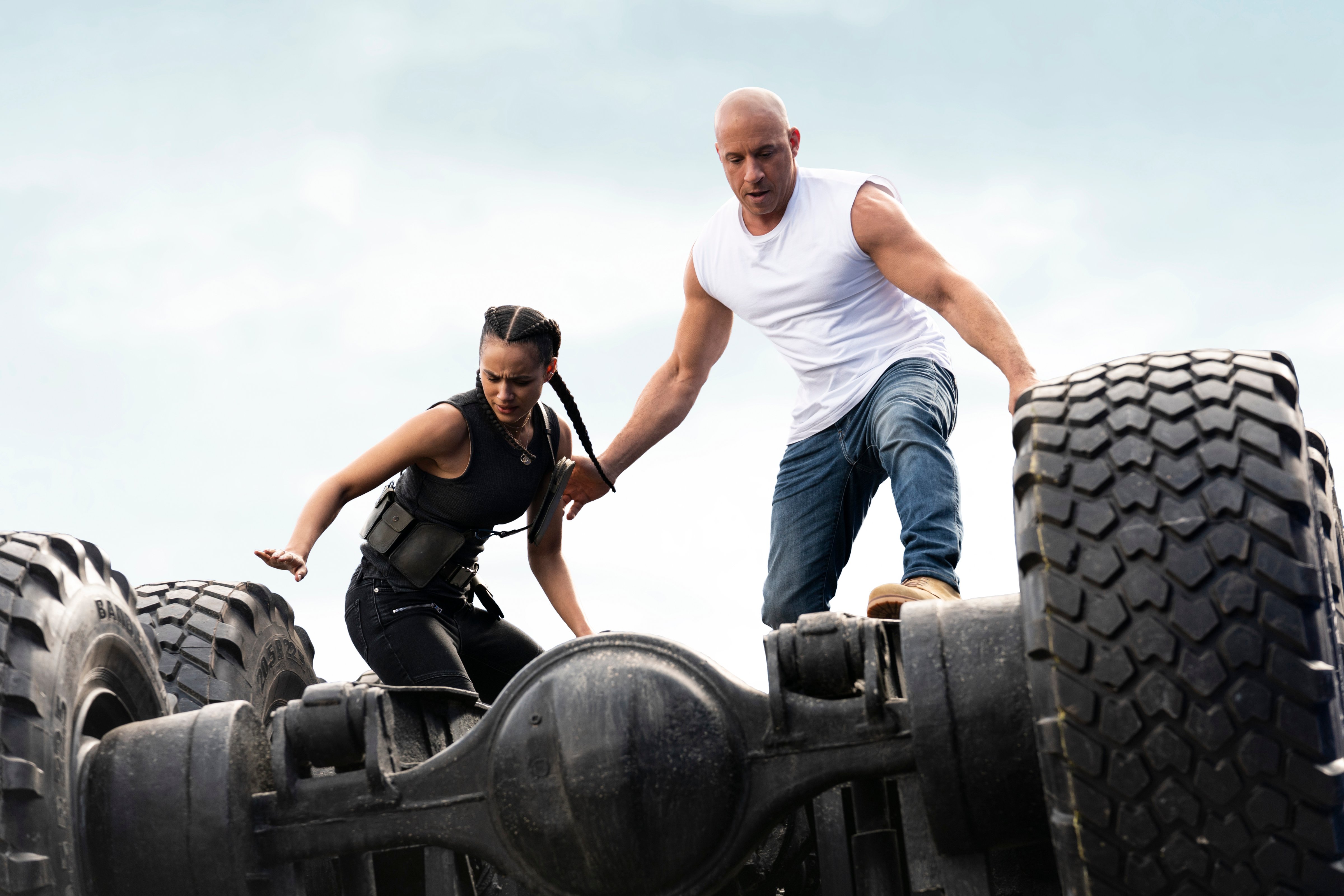 Nathalie Emmanuel and Vin Diesel in 'F9' (Photo Credit: Giles Keyte/Univer&mdash;© 2021 Universal Studios. All Rights Reserved.)