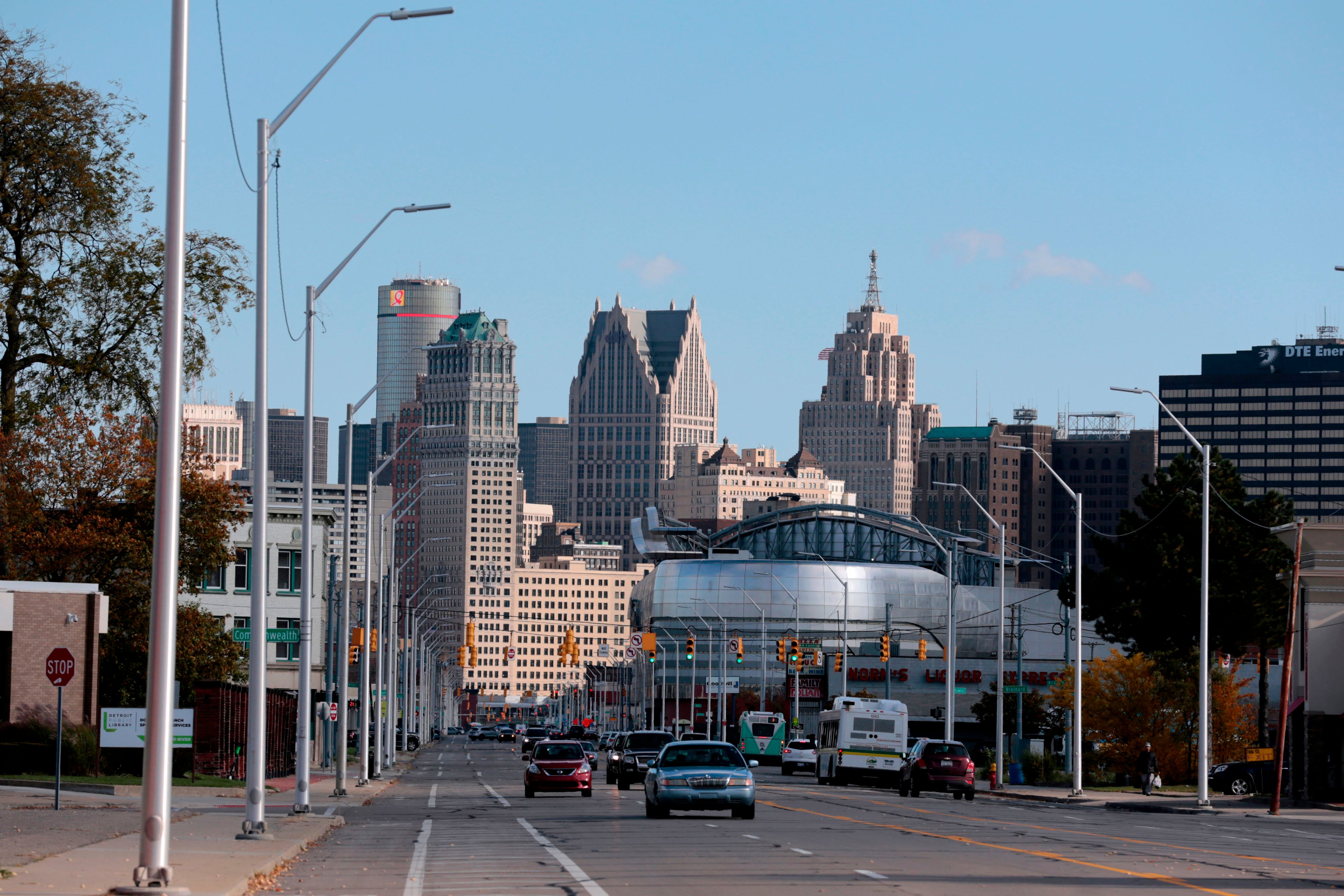 The Detroit, Mich., skyline is seen from Grand River Avenue on October 23, 2019. A new study says Detroit is the most segregated metropolitan area in the U.S. (Jeff Kowalsky—AFP/Getty Images)