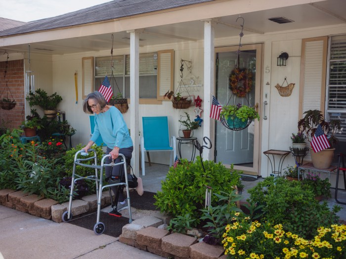 Pasadena, Texas - June 1, 2021:Nancy Thompson, 72, was seen walking to check her mail from her home in Pasadena, Texas on June 1, 2021. Thompson, an elderly person recovering from a surgical procedure and a victim of repeated falls, received assistance from CAPABLE where they retrofitted her home and provided tools to help her live more independently. Photo: Christopher Lee for TIME
