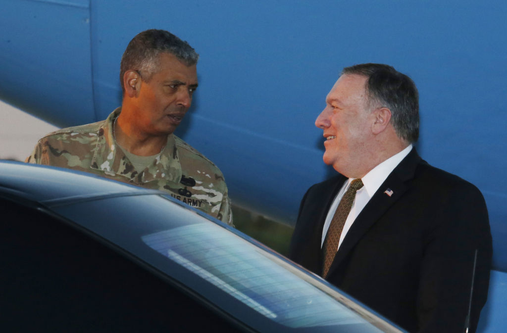 U.S. Secretary of State Mike Pompeo talks with U.S. General Vincent K. Brooks, commander of United States Forces Korea, upon his arrival at Osan Air Base in Pyeongtaek on October 7, 2018 in Seoul, South Korea. (Kim Hee-Chul- Pool/Getty Images)