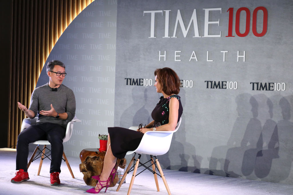 Fitbit CEO, President and Co-Founder James Park (L), speaks with MSNBC Live Anchor, Stephanie Ruhle, at the TIME 100 Health Summit on October 17, 2019 in New York City. (Brian Ach—Getty Images for TIME)