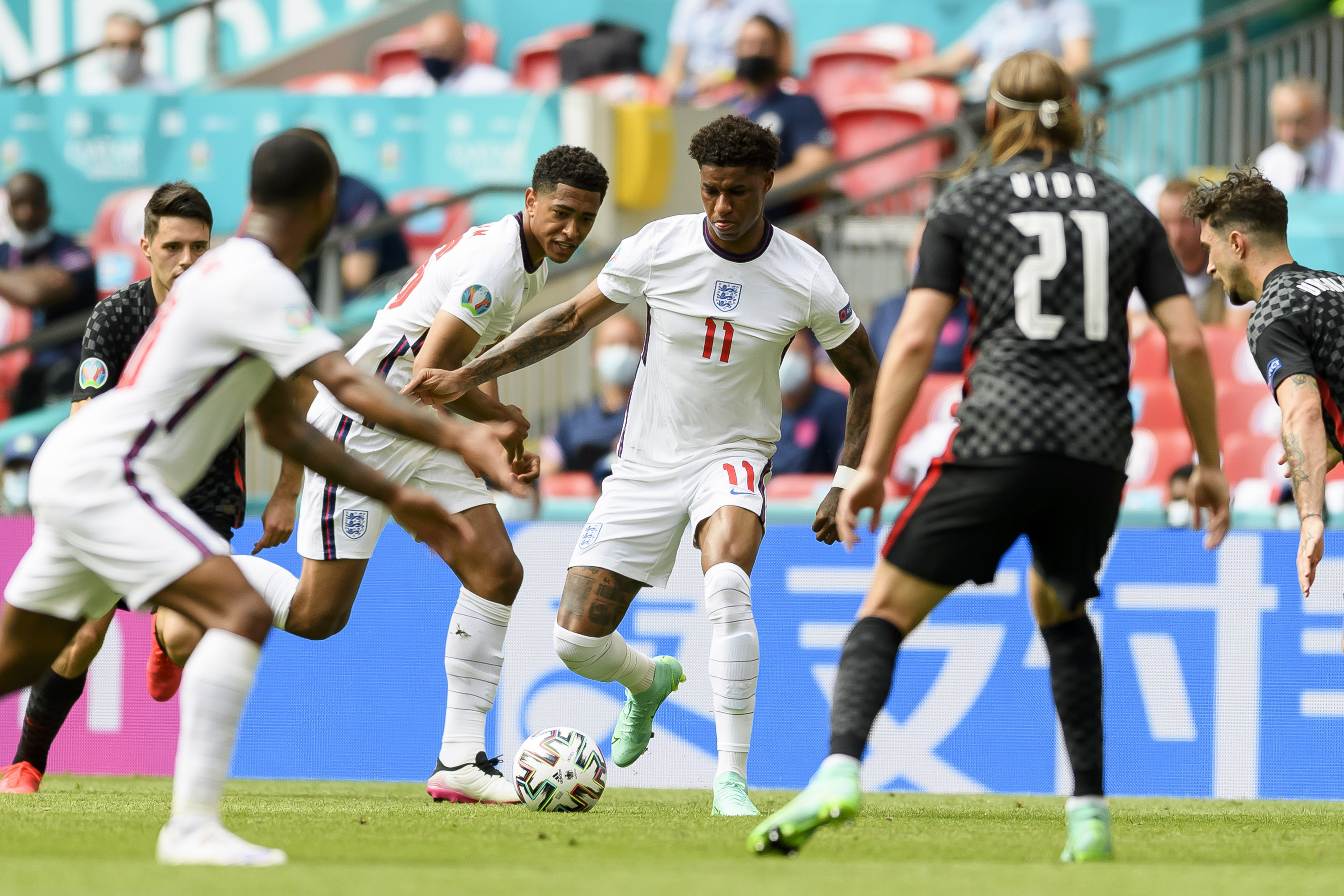 Marcus Rashford of England controls the ball during the UEFA Euro 2020 Championship Group D match between England and Croatia at Wembley Stadium in London, on June 13, 2021. (Vincent Mignott—DeFodi Images/Getty Images)