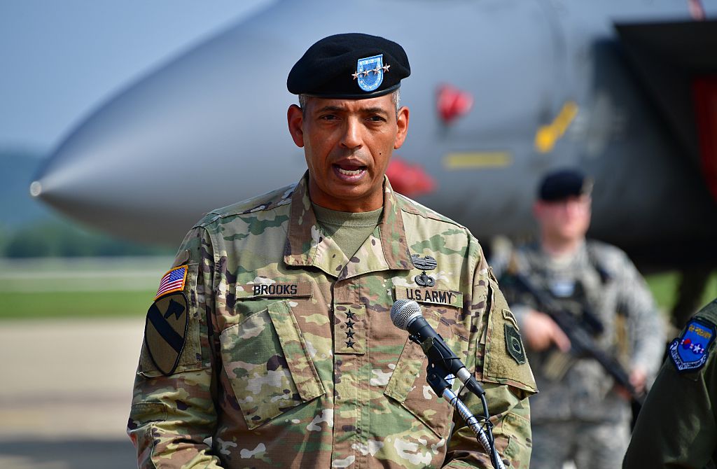 US General Vincent K. Brooks (R), then Commander of the United Nations Command, Combined Forces Command and United States Forces Korea, speaks during a press briefing on the flight by US B-1B Lancer over South Korea at the Osan Air Base in Pyeongtaek on September 13, 2016. (JUNG YEON-JE/AFP via Getty Images))