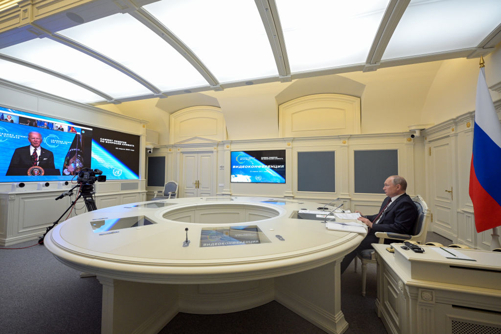 Russia's President Vladimir Putin attends the online Leaders Summit on Climate hosted by U.S. President Joe Biden on April 22, 2021 (Alexei Druzhinin —TASS via Getty Images)