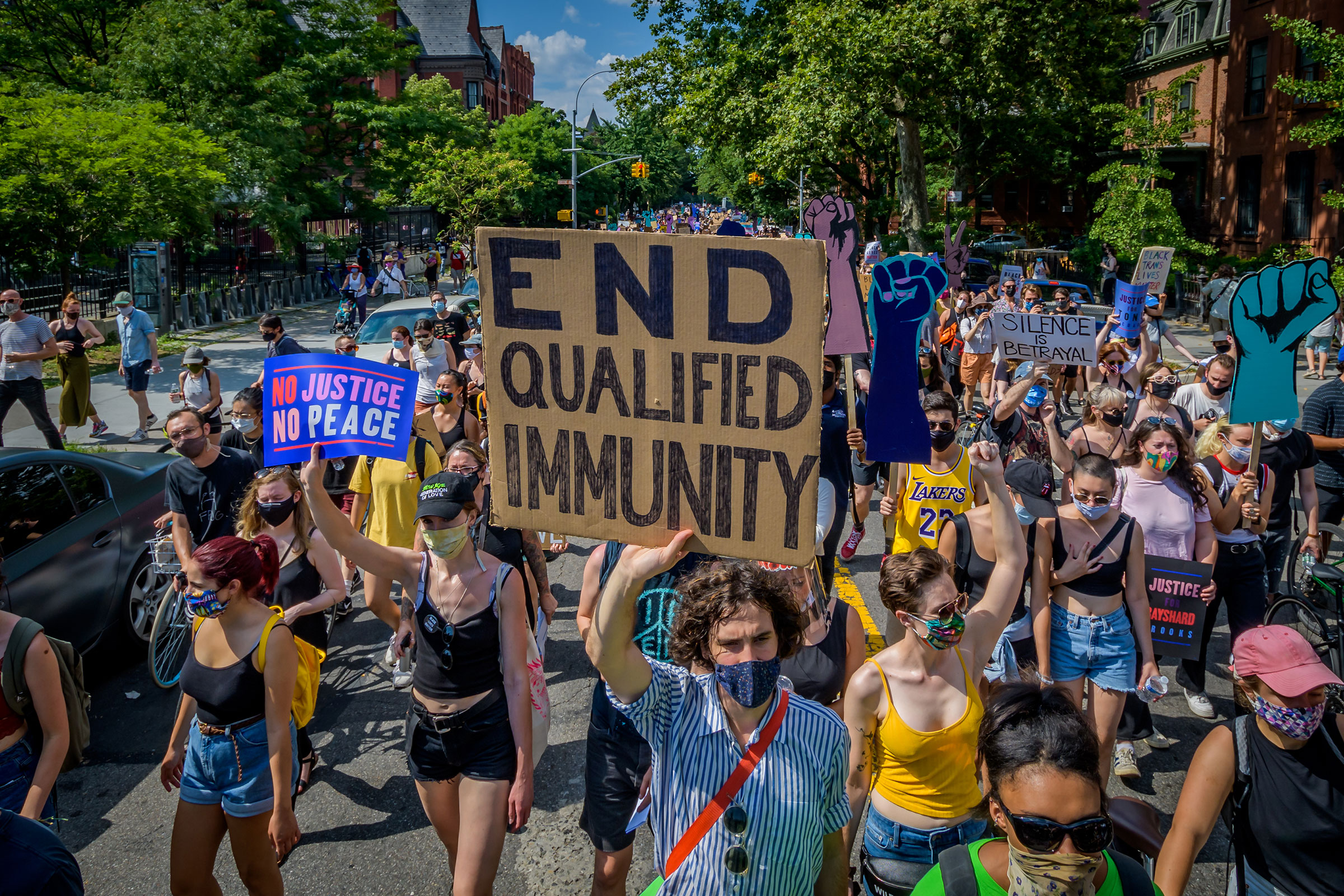 New Yorkers joined the Coalition to Honor Black and Indigenous Activists at Fort Greene Park in Brooklyn, for a massive protest march on July 4, 2020. (Erik McGregor—Sipa USA)