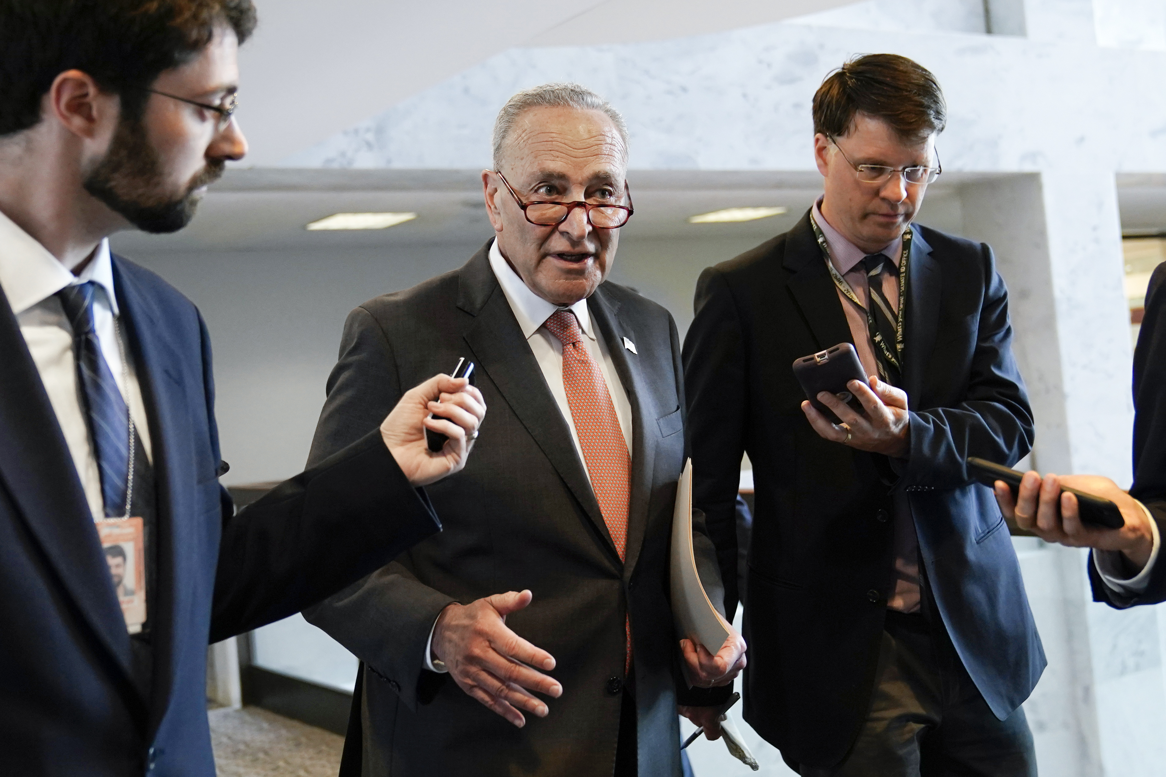 Senate Majority Leader Chuck Schumer of N.Y., talks with reporters on Capitol Hill in Washington, Tuesday, June 8, 2021. (Susan Walsh–AP)