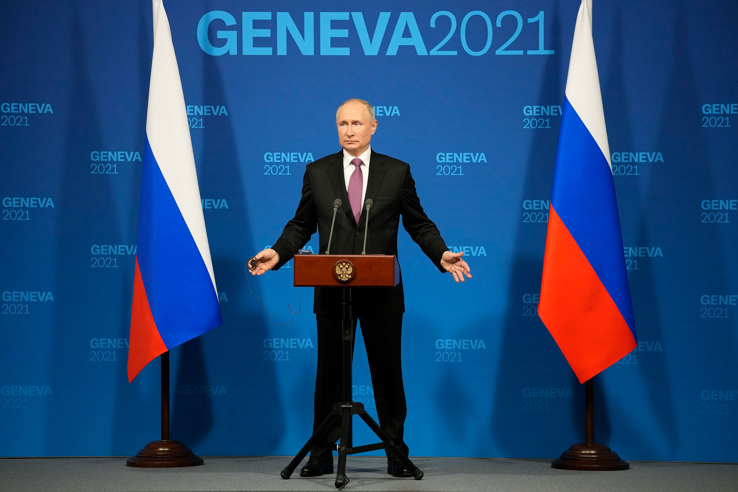 Russian President Vladimir Putin speaks during a news conference after his meeting with U.S. President Joe Biden in Geneva, Switzerland on June 16, 2021. (Alexander Zemlianichenko—Pool/AP)