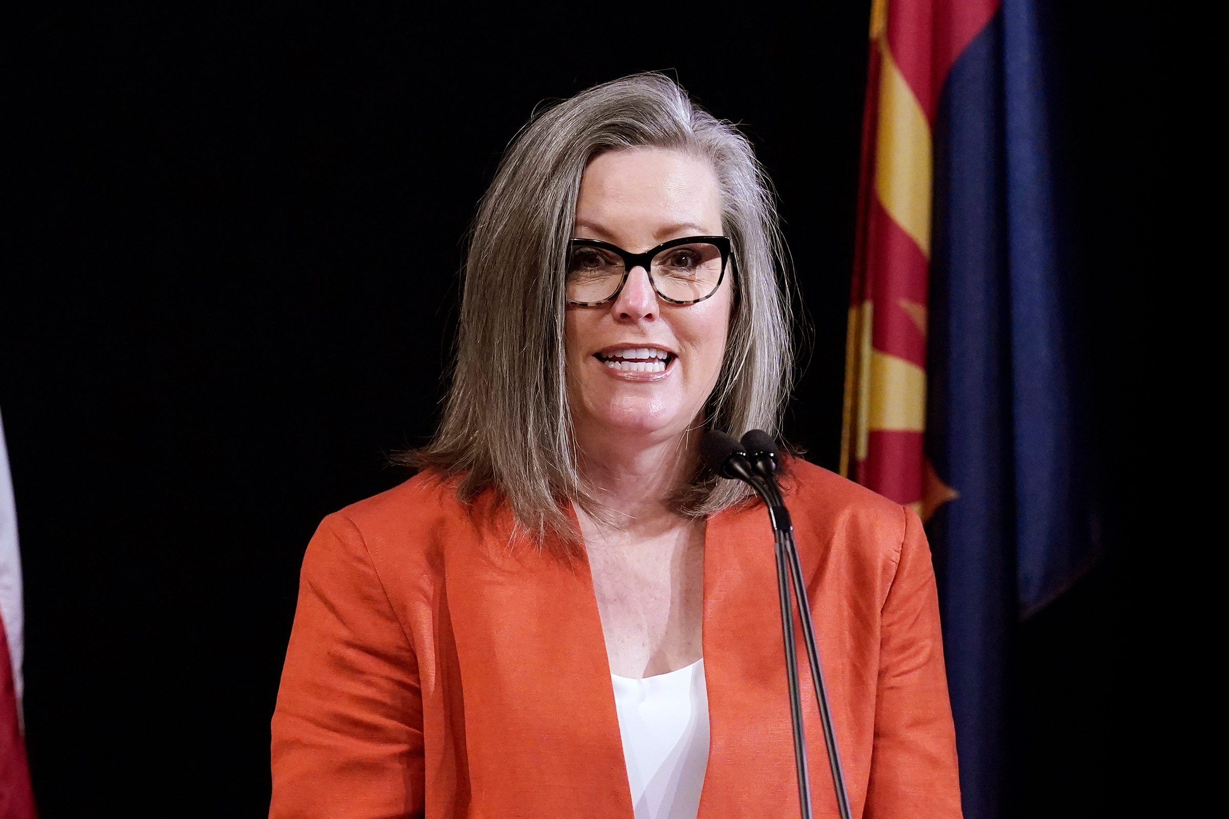 Arizona Secretary of State Katie Hobbs addresses the members of Arizona's Electoral College in Phoenix. Hobbs on Wednesday, June 2, 2021, announced her candidacy for the Democratic nomination for governor in 2022 while denouncing the Republican-controlled state Senate's ongoing audit of the 2020 presidential election. (Ross D. Franklin—AP)