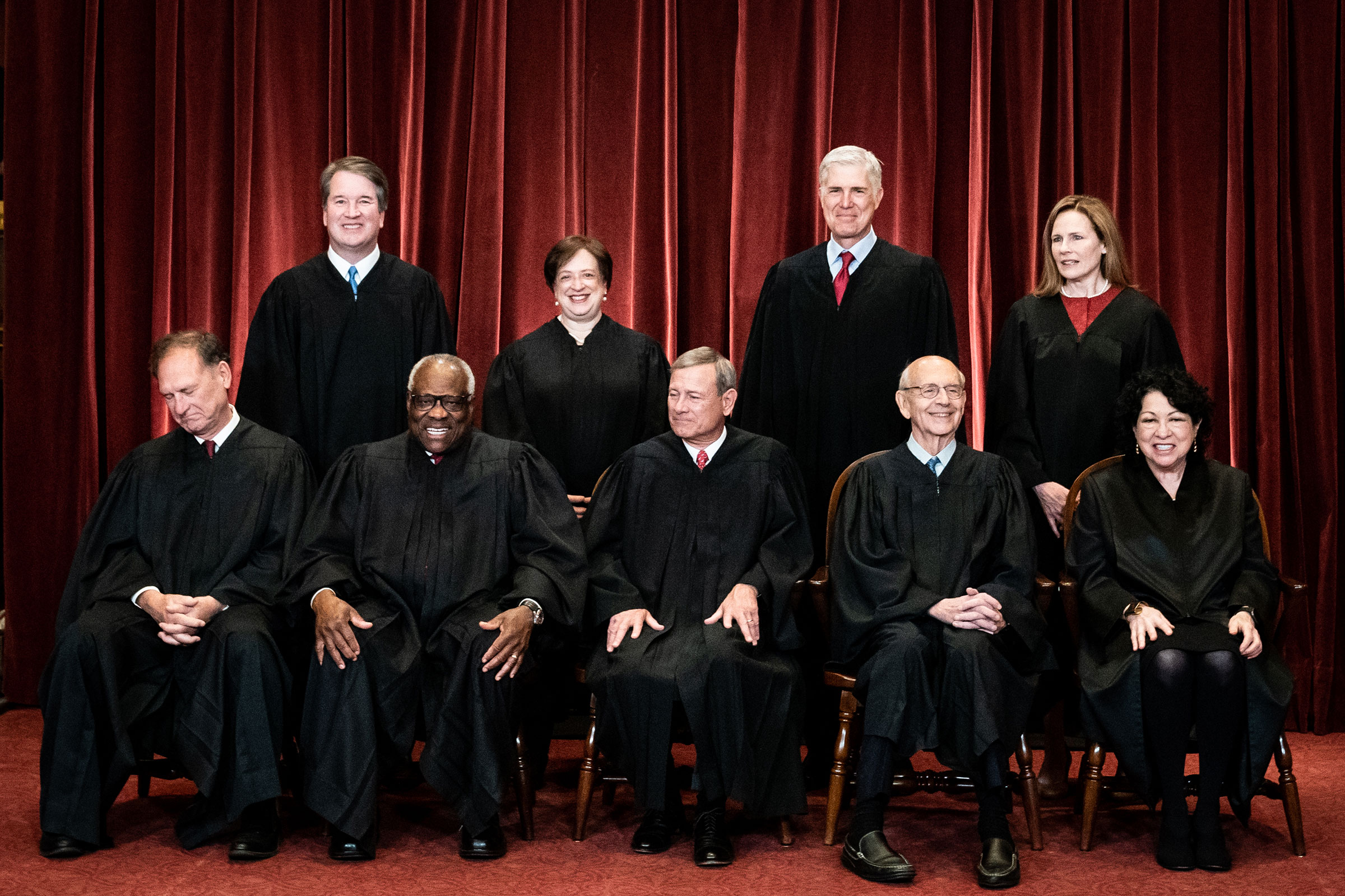 Justices of the U.S. Supreme Court during a formal group photograph at the Supreme Court in Washington, D.C., U.S., on Friday, April 23, 2021. (Erin Schaff—The New York Times/Bloomberg/Getty Images)