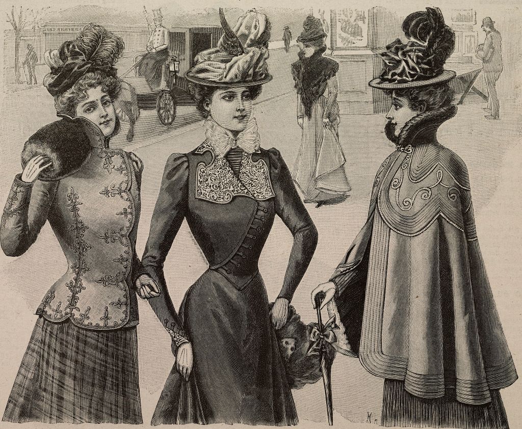 A fashion illustration from 1899 includes ornate feathered hats (De Agostini via Getty Images)