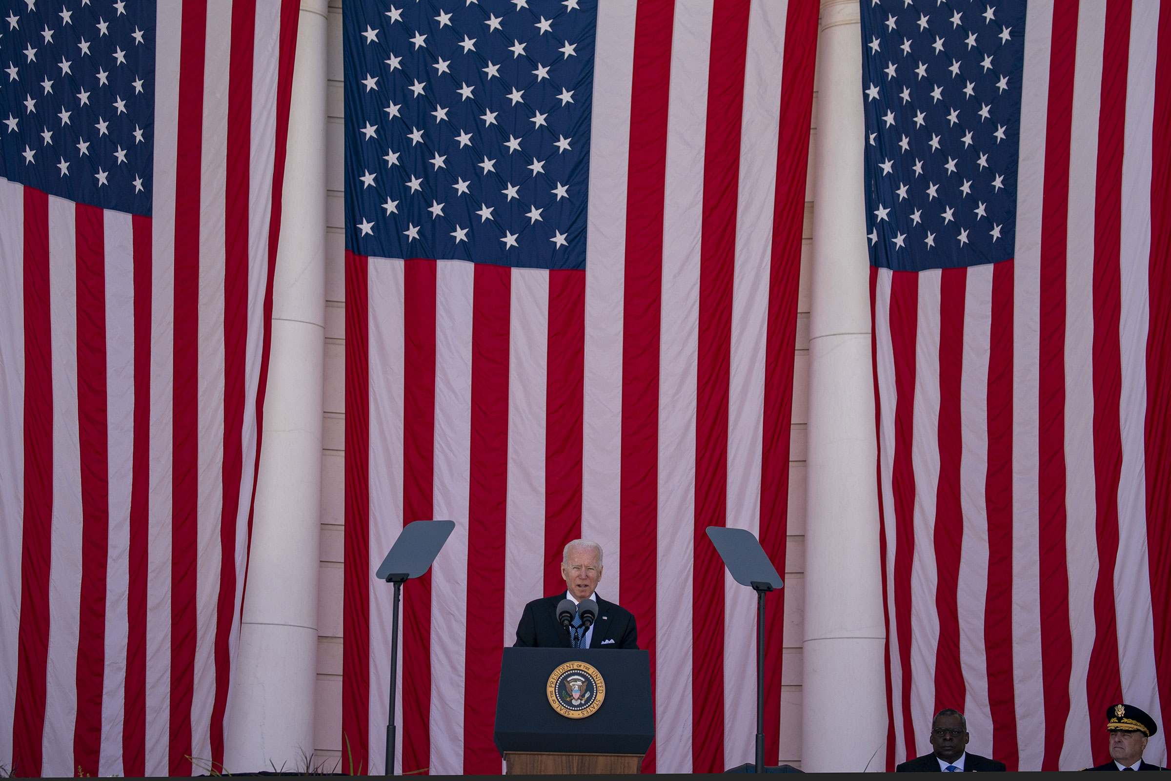 President Joe Biden speaks during a Memorial Day ceremony at Arlington National Cemetery in Arlington, Virginia, on May 31, 2021. (Tasos Katopodis—UPI/Bloomberg/Getty Images)