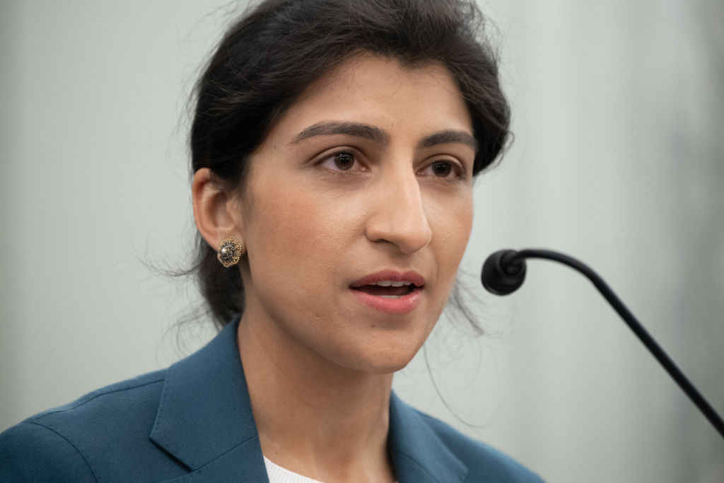 Lina Khan, then a nominee for Commissioner of the Federal Trade Commission (FTC), speaks at a Senate Committee on Commerce, Science, and Transportation confirmation hearing on Capitol Hill on April 21, 2021 in Washington, DC. (Photo by Saul Loeb-Pool/Getty Images)