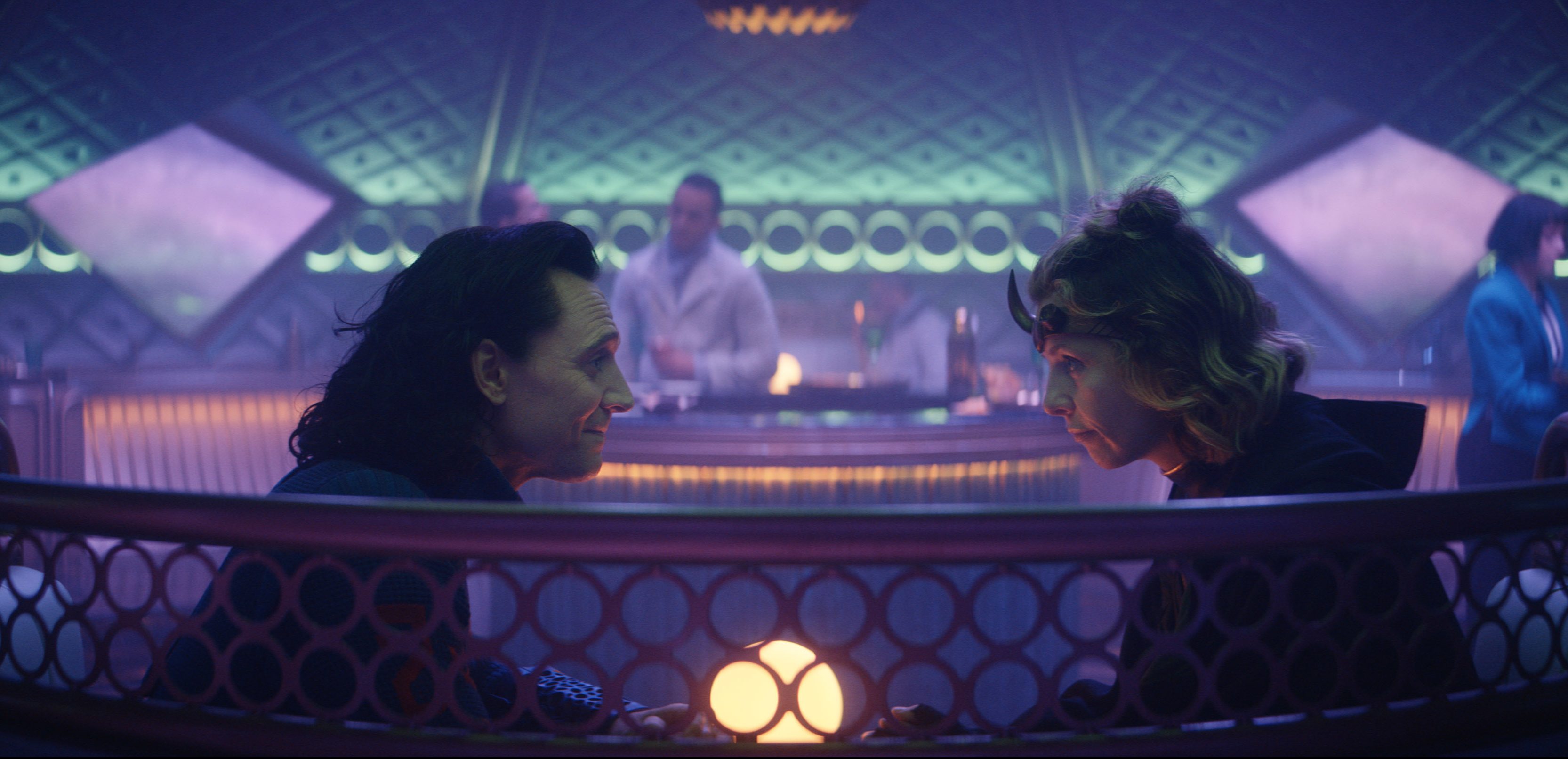 Tom Hiddleston as Loki and Sophia Di Martino as Sylvie in <i>Loki</i> (Marvel Studios)