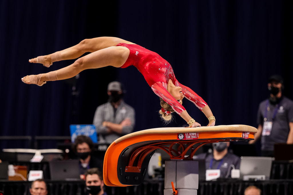 MyKayla Skinner competes on vault during day 2 of the women's 2021 U.S. Olympic Trials - Gymnastics at America’s Center on June 25, 2021 in St Louis, Missouri. (Carmen Mandato/Getty Images—2021 Getty Images)