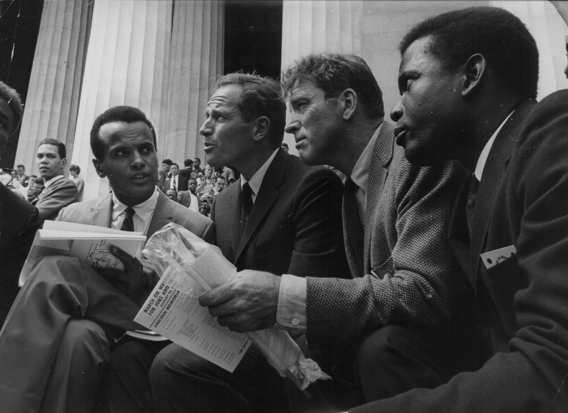 Actors Harry Belafonte, Charlton Heston, Burt Lancaster and Sidney Poitier attending the March on Washington for Jobs and Freedom, a huge civil rights rally in Washington D C, August 28th 1963.