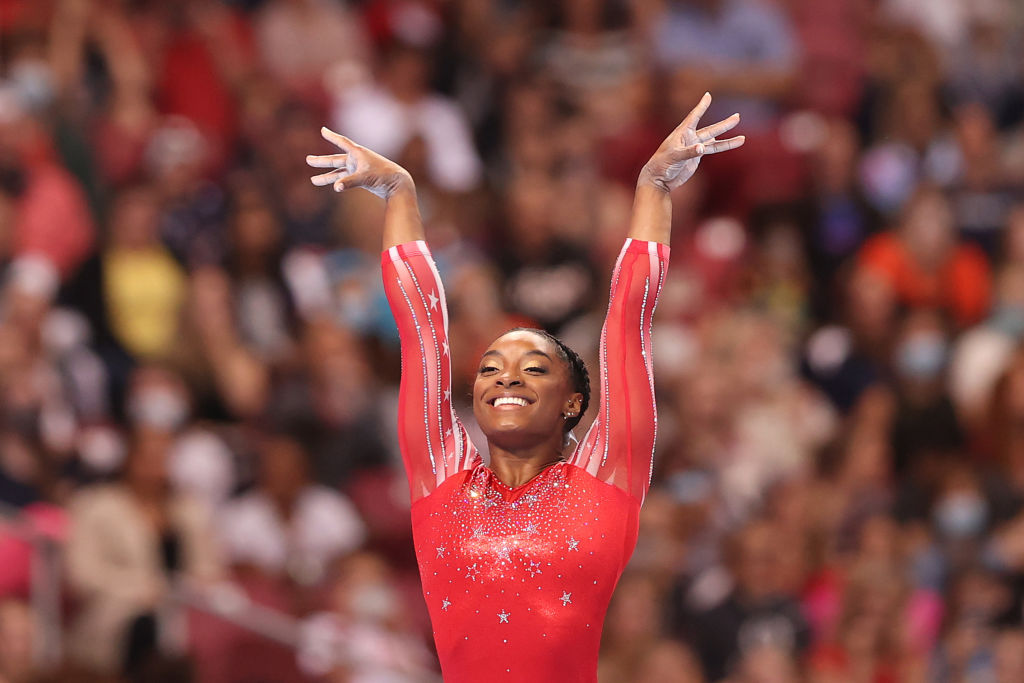 Simone Biles competes in the floor exercise during the Women's competition of the 2021 U.S. Gymnastics Olympic Trials at America’s Center on June 27 in St Louis, Missouri. (Carmen Mandato/Getty ImagesGetty Images—2021 Getty Images)