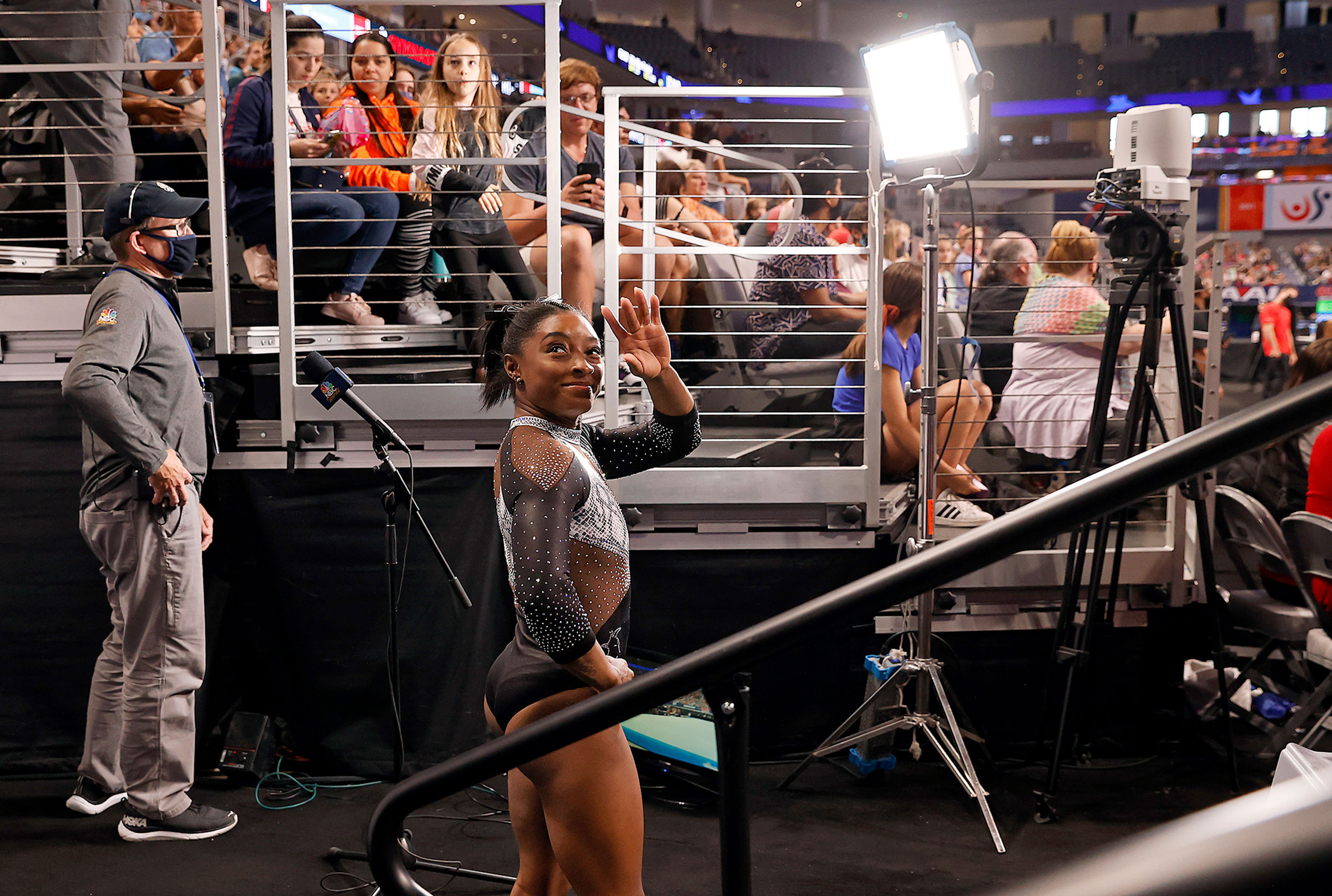 Biles waves after winning her seventh U.S. championship on June 6, 2021 in Fort Worth, Texas.