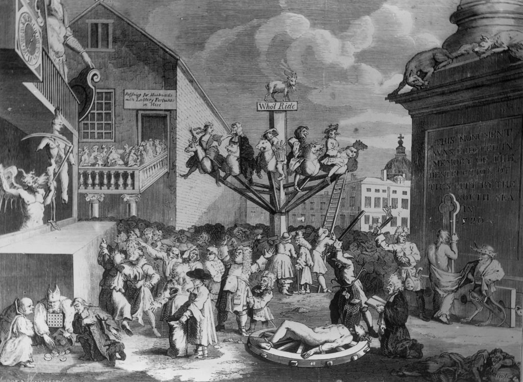 1720, A satirical engraving, by William Hogarth, depicting the South Sea Bubble, a financial scandal involving the East India Company and the Bank of England. (Photo by Edward Gooch/Getty Images) (Getty Images)