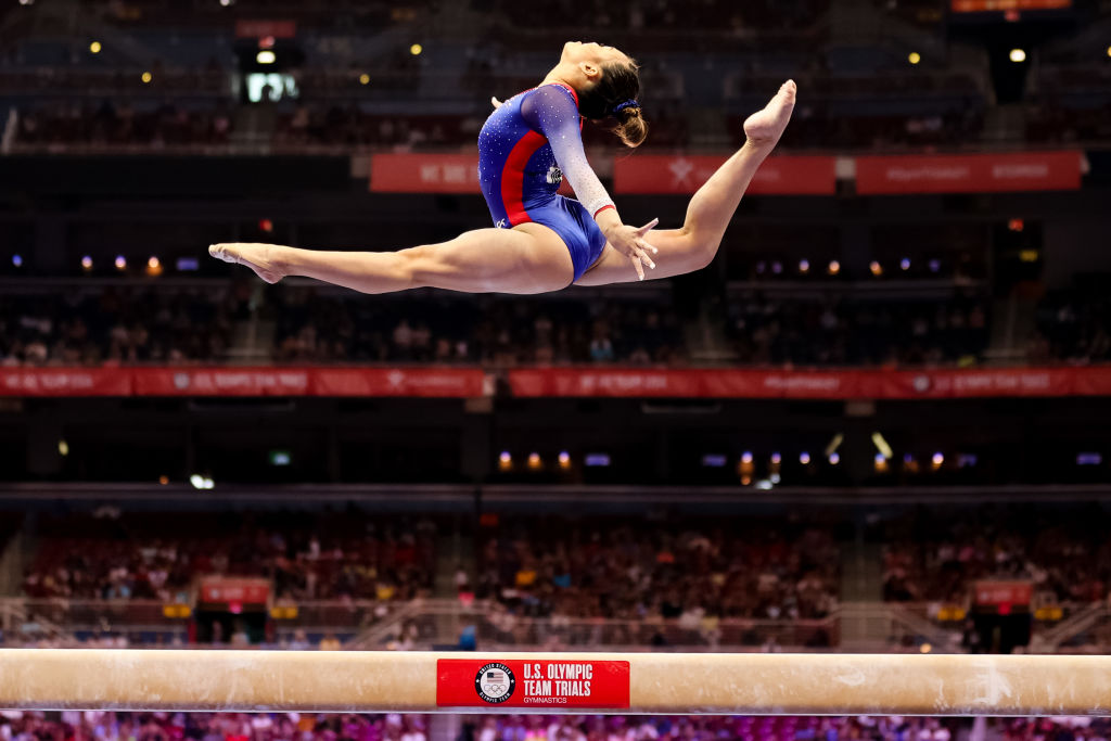 Sunisa Lee competes on beam during day 2 of the women's 2021 U.S. Olympic Trials - Gymnastics at America’s Center on June 25, 2021 in St Louis, Missouri. (Carmen Mandato/Getty Images—2021 Getty Images)
