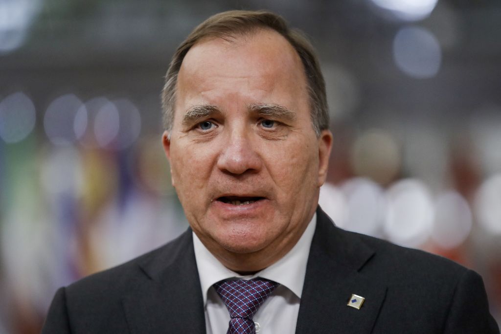 Sweden's Prime Minister Stefan Lofven talks to the press as he arrives for an EU summit at the European Council building in Brussels on May 24, 2021. (Photo by OLIVIER HOSLET/POOL/AFP—Getty Images)