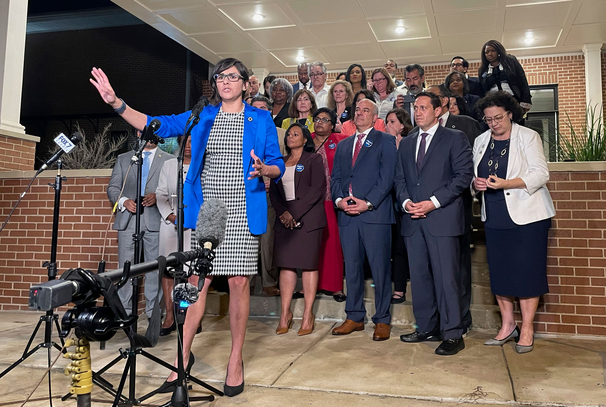 Texas state Rep. Jessica Gonzales speaks during a news conference in Austin, Texas, on early Monday, May 31, 2021, after House Democrats pulled off a dramatic, last-ditch walkout and blocked one of the most restrictive voting bills in the U.S. from passing before a midnight deadline. (Acacia Coronado—AP)