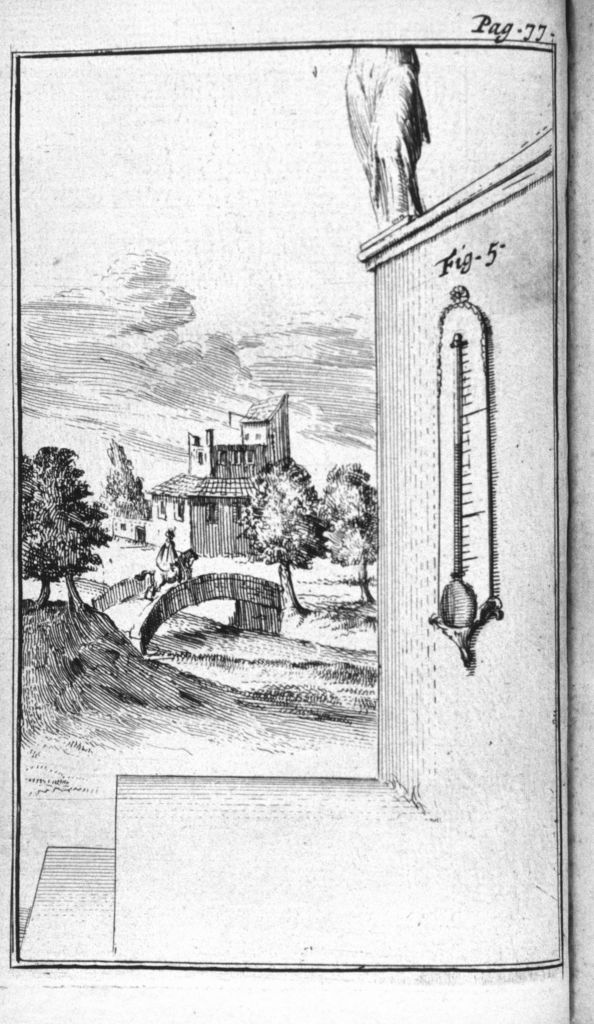 Placement of a thermometer on an outside wall. Figure 1 from 'Traittez de barometres, thermometres, et notiometres, ou hygrometres' by Joachim d'Alence, Published in 1688. (Photo12/Universal Images Group/Getty Imahes)
