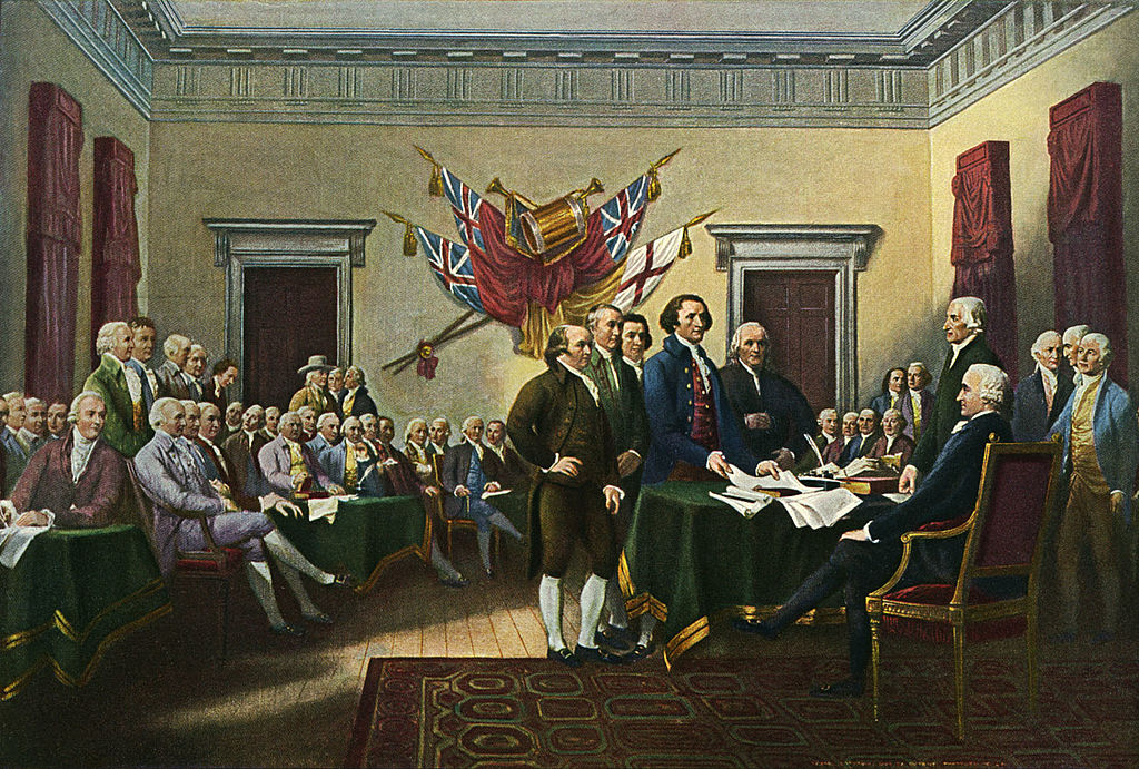 A painting by John Trumbull, 'Signing the Declaration of Independence, 28th June 1776' commissioned 1817, showing Thomas Jefferson and the drafting committee presenting the document to John Hancock. (Culture Club/Getty Images)