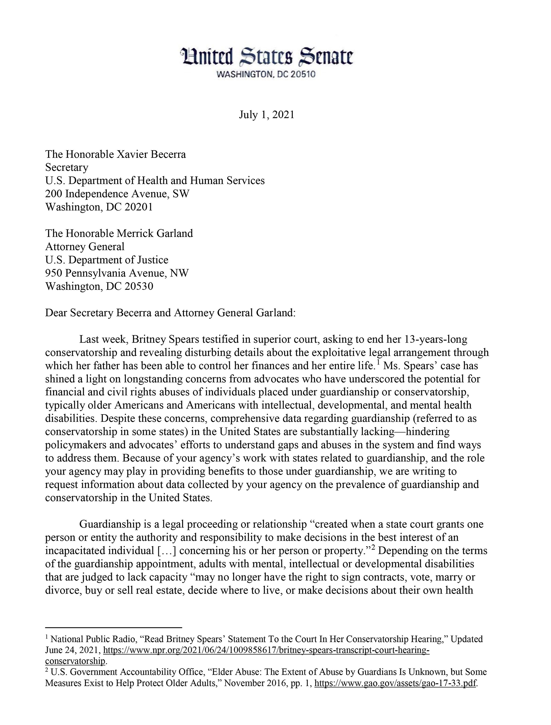 A letter Sens. Elizabeth Warren and Bob Casey sent to HHS and DOJ calling for more data on guardianships in the U.S.