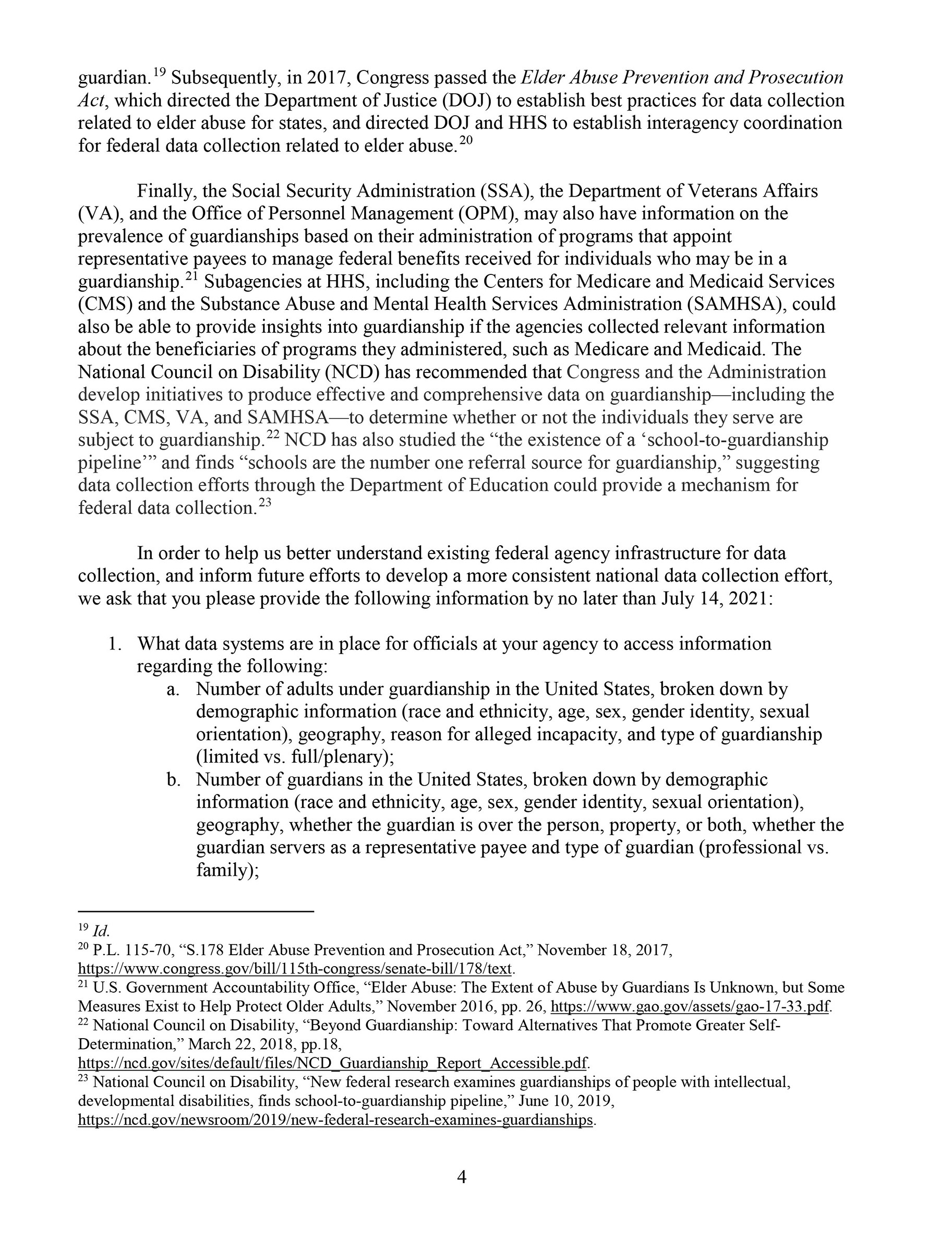 A letter Sens. Elizabeth Warren and Bob Casey sent to HHS and DOJ calling for more data on guardianships in the U.S.