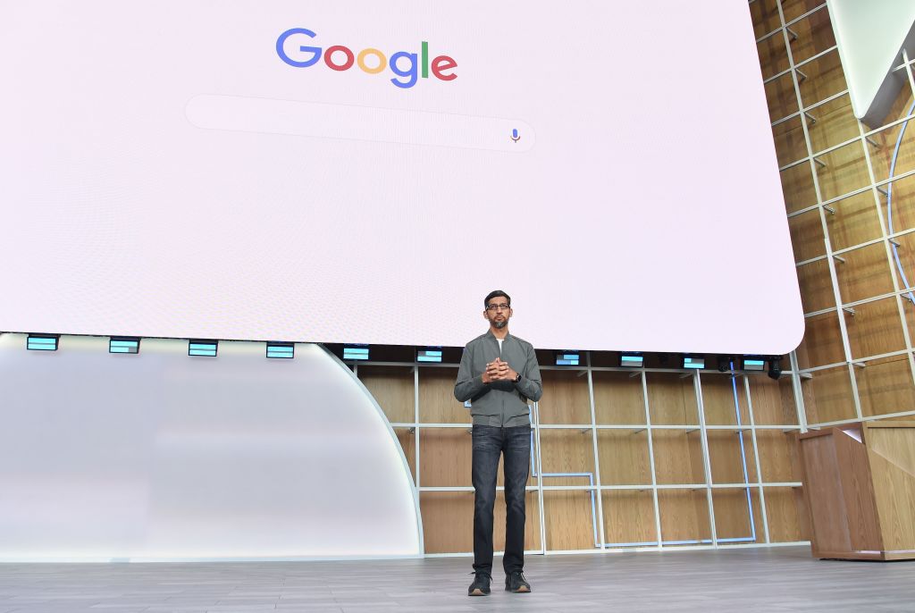 Google CEO Sundar Pichai speaks during the Google I/O 2019 keynote session at Shoreline Amphitheatre in Mountain View, California on May 7, 2019. (Josh Edelson—AFP via Getty Images)