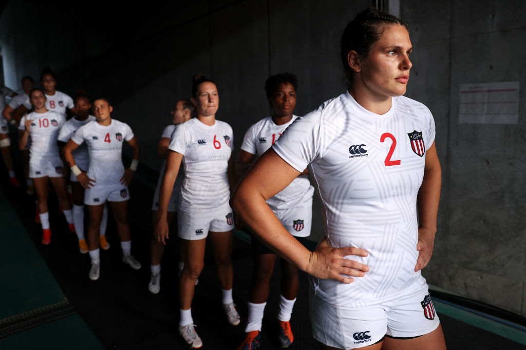 CHOFU, JAPAN - JULY 29: Ilona Maher of Team United States looks out as she prepares to lead her team out onto the field for the Women’s pool C match between Team United States and Team Japan during the Rugby Sevens on day six of the Tokyo 2020 Olympic Games at Tokyo Stadium on July 29, 2021 in Chofu, Tokyo, Japan. (Photo by ) (Dan Mullan—Getty Images)