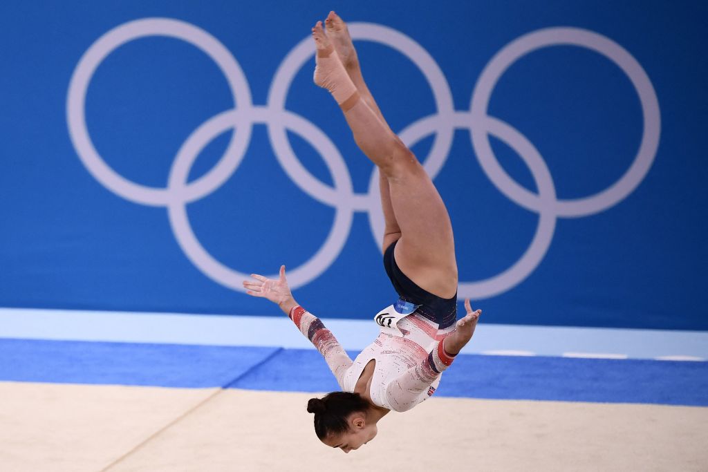 Great Britain's Jennifer Gadirova competes in the floor event of the artistic gymnastic women's qualification during the Tokyo 2020 Olympic Games at the Ariake Gymnastics Centre in Tokyo on July 25, 2021.