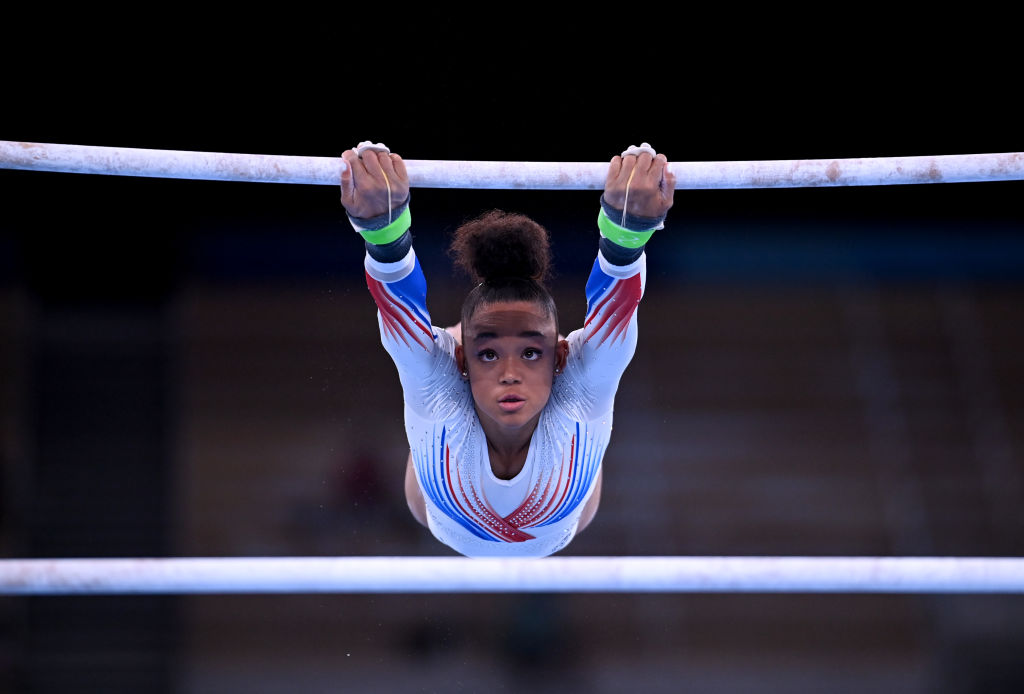 France's Melanie de Jesus dos Santos competes on the uneven bars during the women's gymnastics team event final at the Summer Olympics in Tokyo, Japan on July 27, 2021.