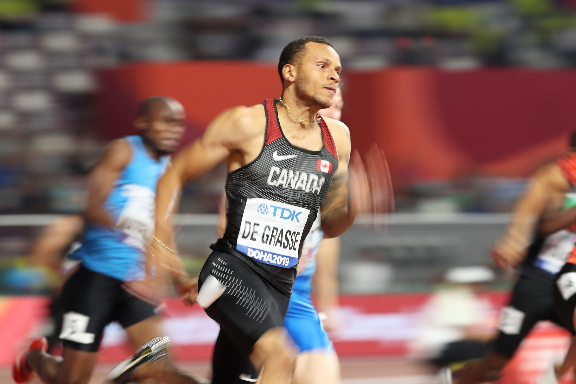 Canada's Andre De Grasse in action during Men's 200M Heats at Khalifa International Stadium on September 29th, 2019 in Doha, Qatar. (Simon Bruty—Sports Illustrated/Getty Images)