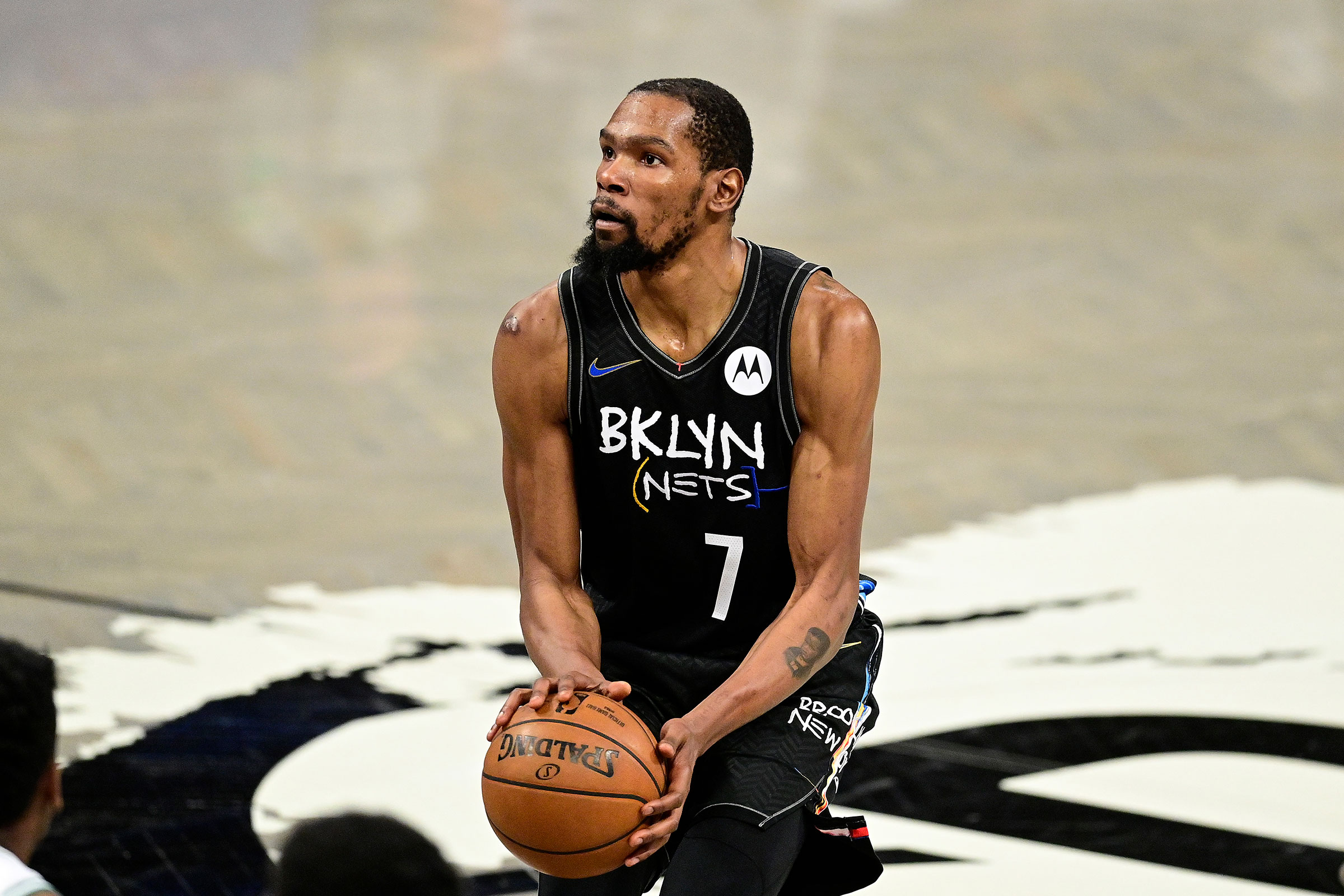 Kevin Durant of the Brooklyn Nets looks to shoot against the Boston Celtics in Game Five of the First Round of the 2021 NBA Playoffs at Barclays Center on June 01, 2021 in Brooklyn, New York.