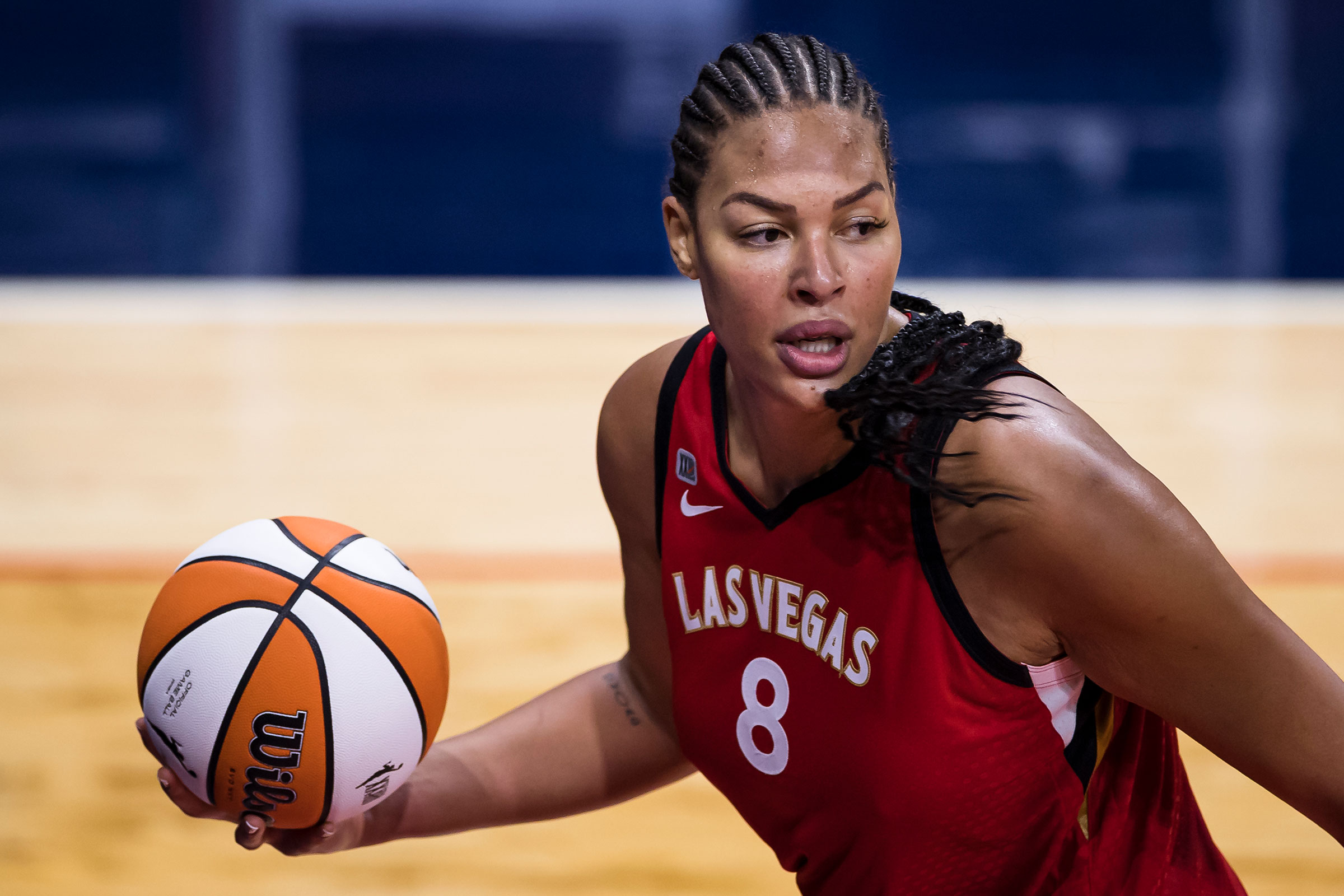 Liz Cambage of the Las Vegas Aces in action against the Washington Mystics on June 5, 2021 in Washington, DC.