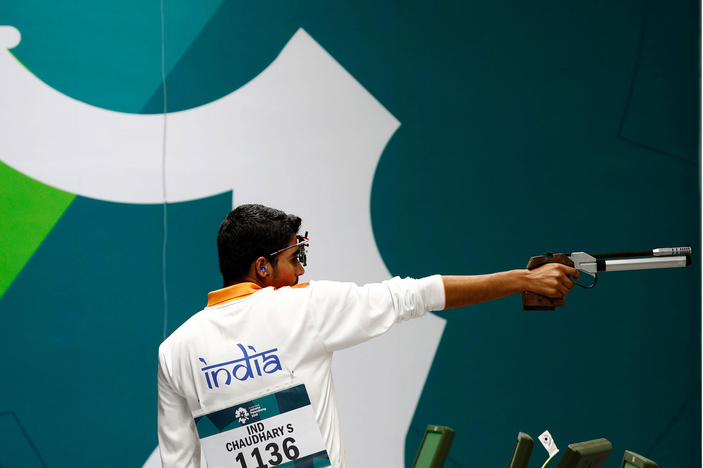Saurabh Chaudhary of India competes in the Men's 10m Air Pistol Final at the 2018 Asian Games on August 21, 2018 in Palembang, Indonesia.