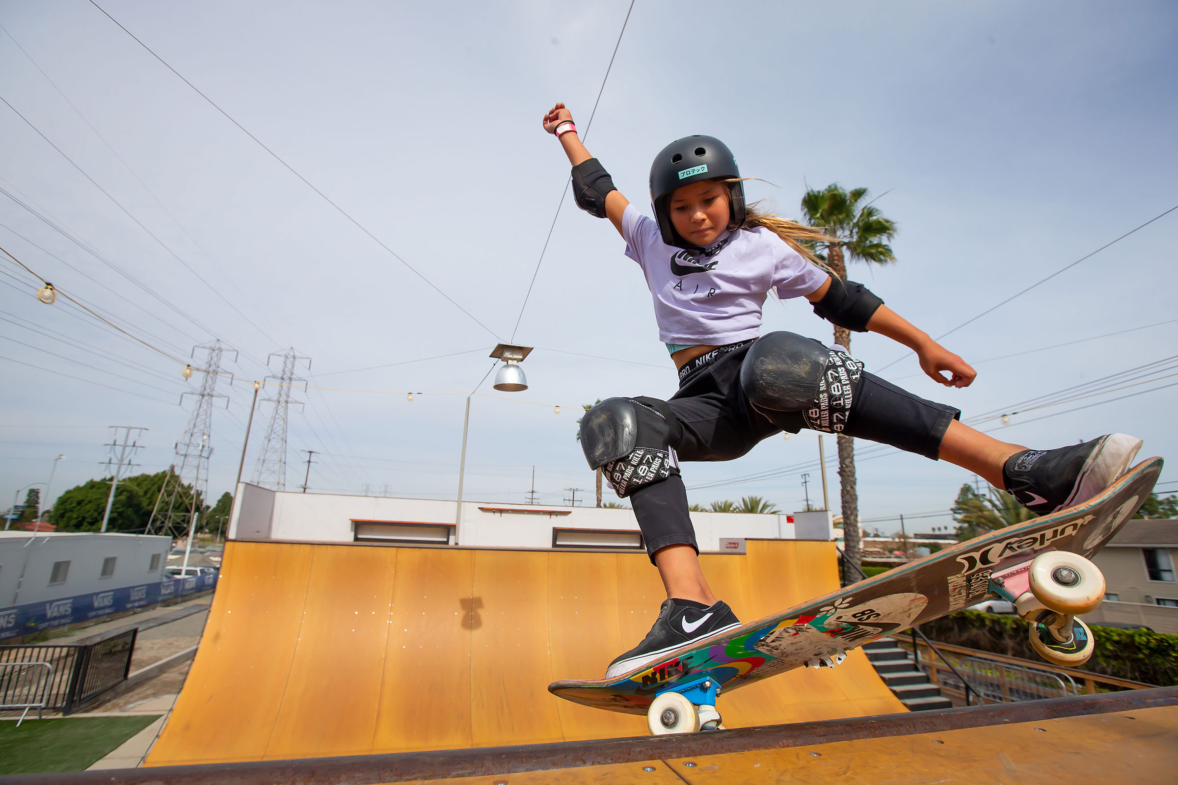 Sky Brown at Vans Off The Wall Huntington Beach skatepark in 2020 in Los Angeles, California.