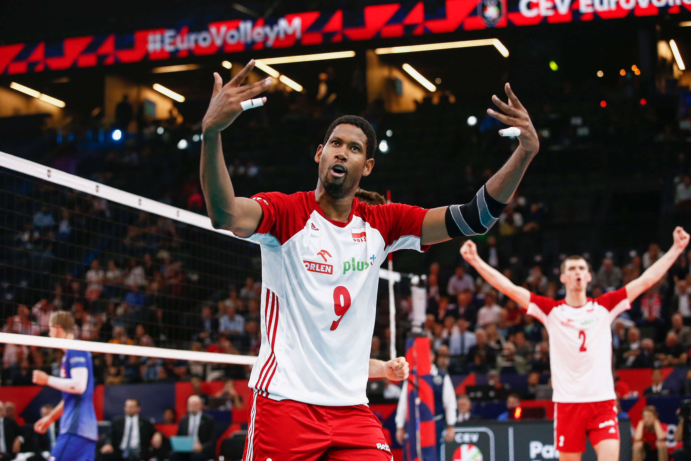 Wilfredo Leon Venero of Poland celebrates a point against France during EuroVolley on September 28, 2019 in Paris, France.