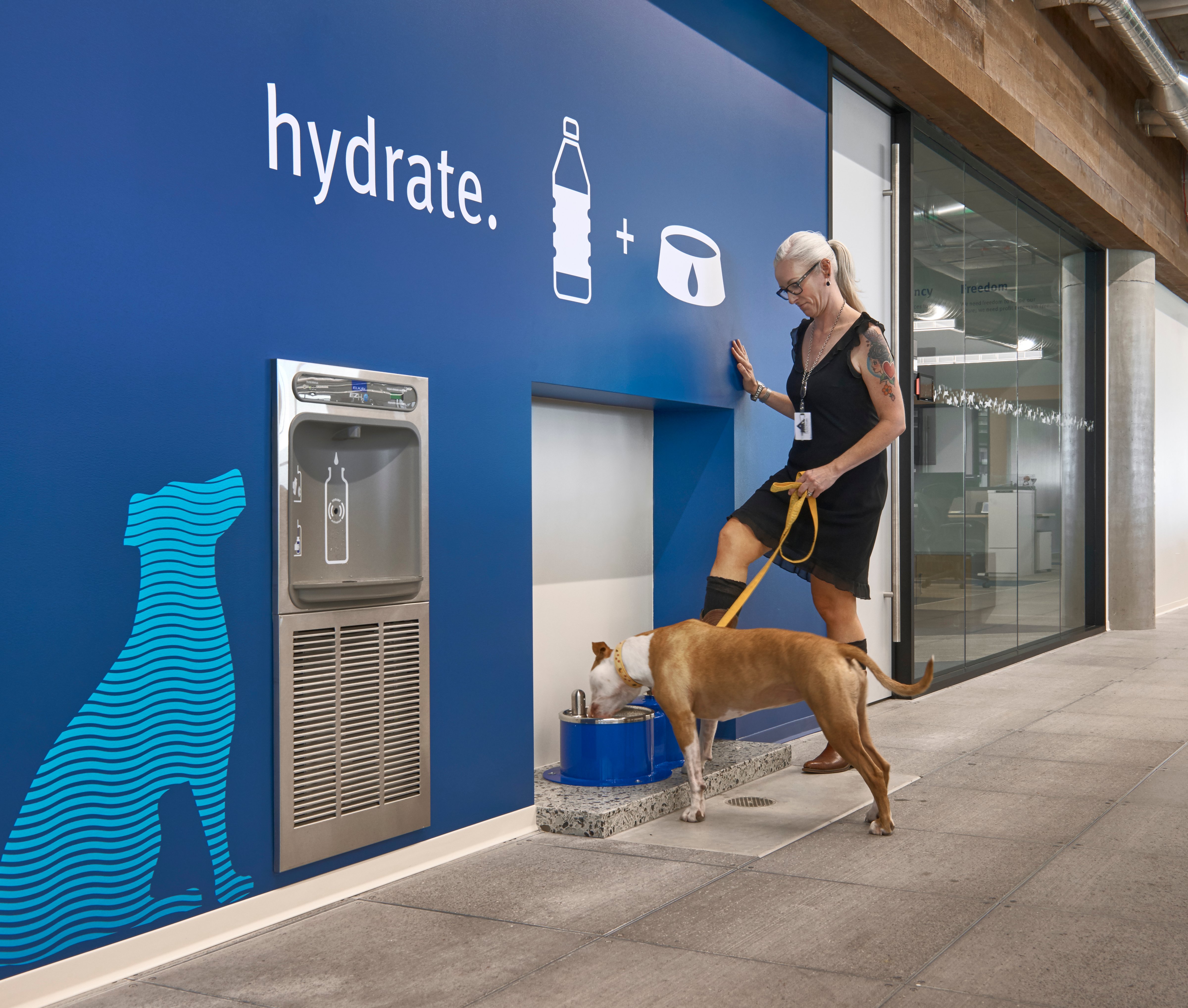 An employee and her dog stop for a drink at the company headquarters of Banfield Pet Hospital, which has veterinary clinics in the U.S., Mexico and U.K. The Vancouver, Wash., office has features to keep workers and their pets happy. (Courtesy Banfield Pet Hospital)