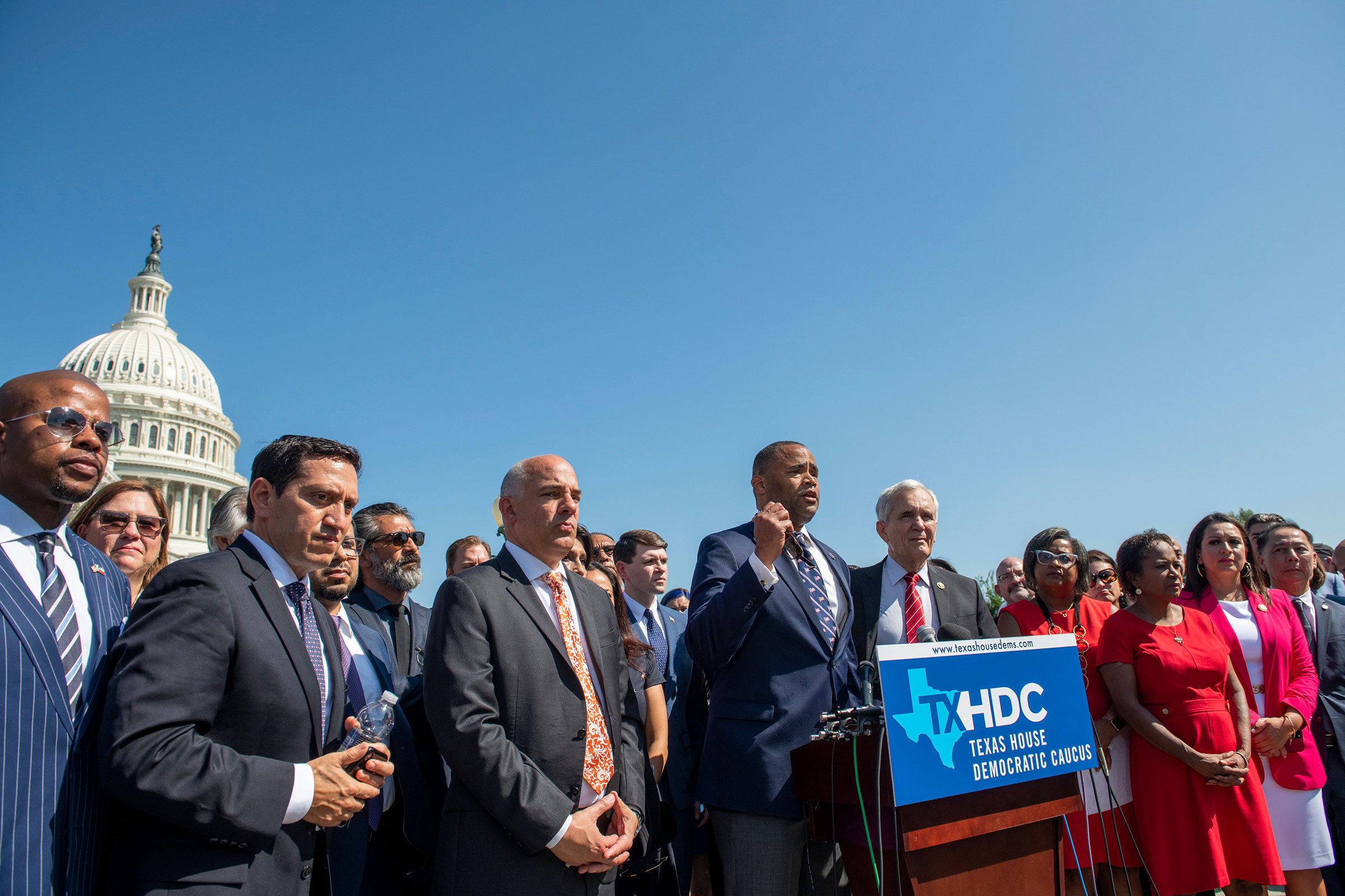 Congressmen Rep. Marc Veasey speaks alongside Texas state House Democrats during a news conference on voting rights outside the Capitol in Washington on July 13, 2021. (Shutterstock)