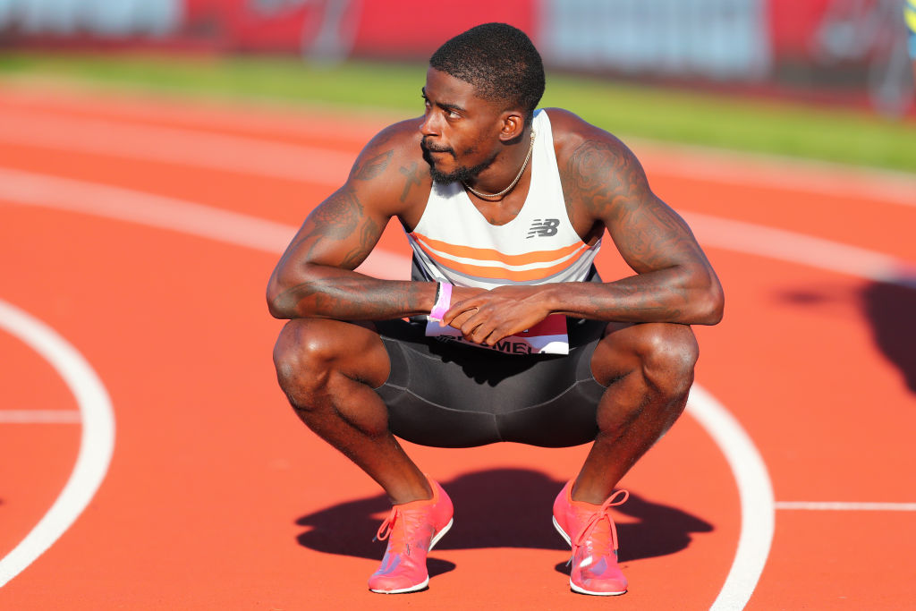 Trayvon Bromell of Team USA wins in the men's 100 m during the Muller British Grand Prix, part of the Wanda Diamond League at Gateshead International Stadium on July 13, 2021 in Gateshead, England. (Ashley Allen—Getty Images)