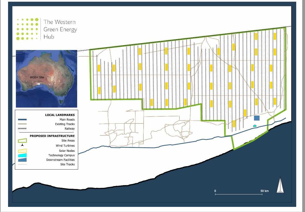 This graphic shows the location of the proposed Western Green Energy Hub, which is set to include wind and solar farms that will occupy an area the size of Connecticut. (Courtesy InterContinental Energy)