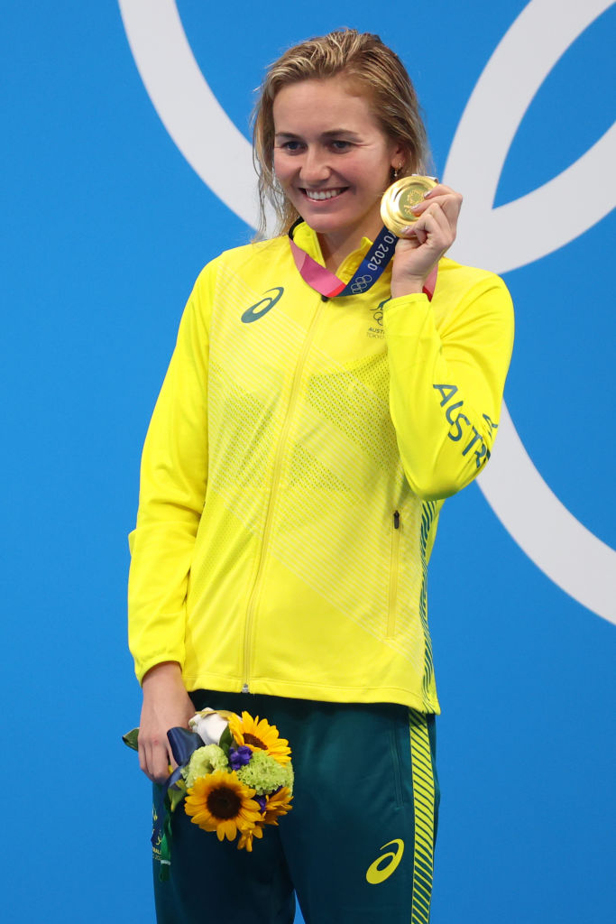 Ariarne Titmus of Team Australia waves during the medal ceremony after winning gold in the Women's 400-m freestyle final on day three of the Tokyo 2020 Olympic Games at Tokyo Aquatics Centre on July 26, 2021 in Tokyo, Japan. (Abbie Parr—Getty Images)