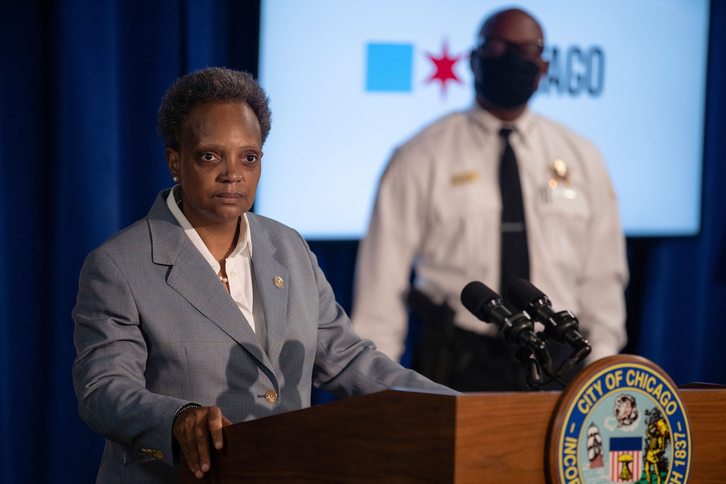 Mayor Lori Lightfoot speaks during a press conference at City Hall, in Chicago, on July 22, 2020 after multiple people were shot outside a funeral home in Gresham. (Pat Nabong—Chicago Sun-Times/AP)