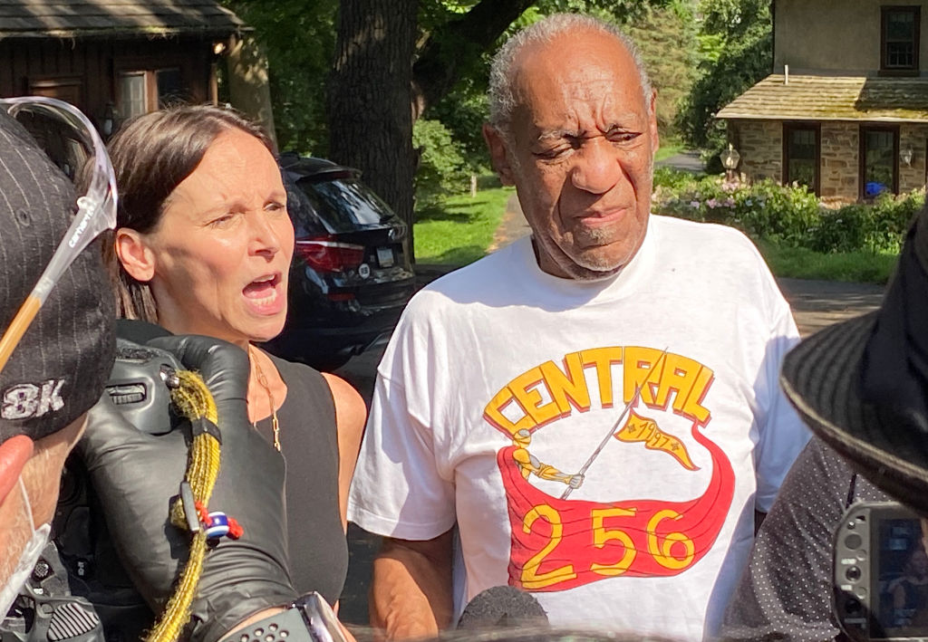Attorney Jennifer Bonjean and Bill Cosby speak outside Cosby's home on June 30, after Cosby was released from prison. (Michael Abbott—Getty Images)