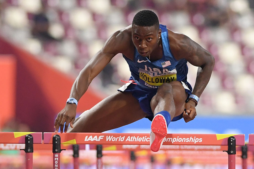 Grant Holloway of the Team USA competes in the Men's 110-m hurdles final during day six of 17th IAAF World Athletics Championships Doha 2019 at Khalifa International Stadium on October 02, 2019 in Doha, Qatar. (Matthias Hangst—Getty Images)