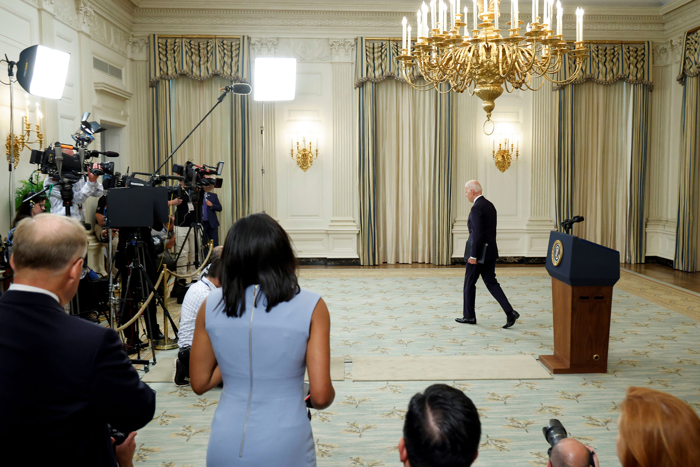 U.S. President Joe Biden departs after delivering remarks on the economy at the White House in Washington
