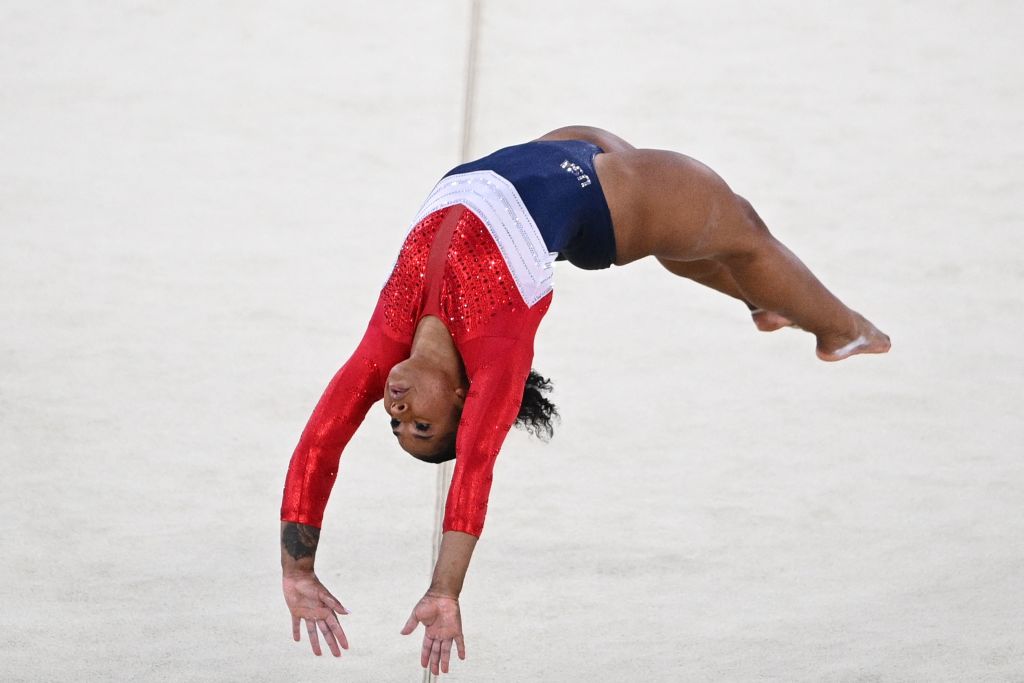 Team USA's Jordan Chiles competes in the floor event of the artistic gymnastics women's team final during the Tokyo 2020 Olympic Games at the Ariake Gymnastics Centre in Tokyo on July 27, 2021. (Martin Bureau—AFP via Getty Images)