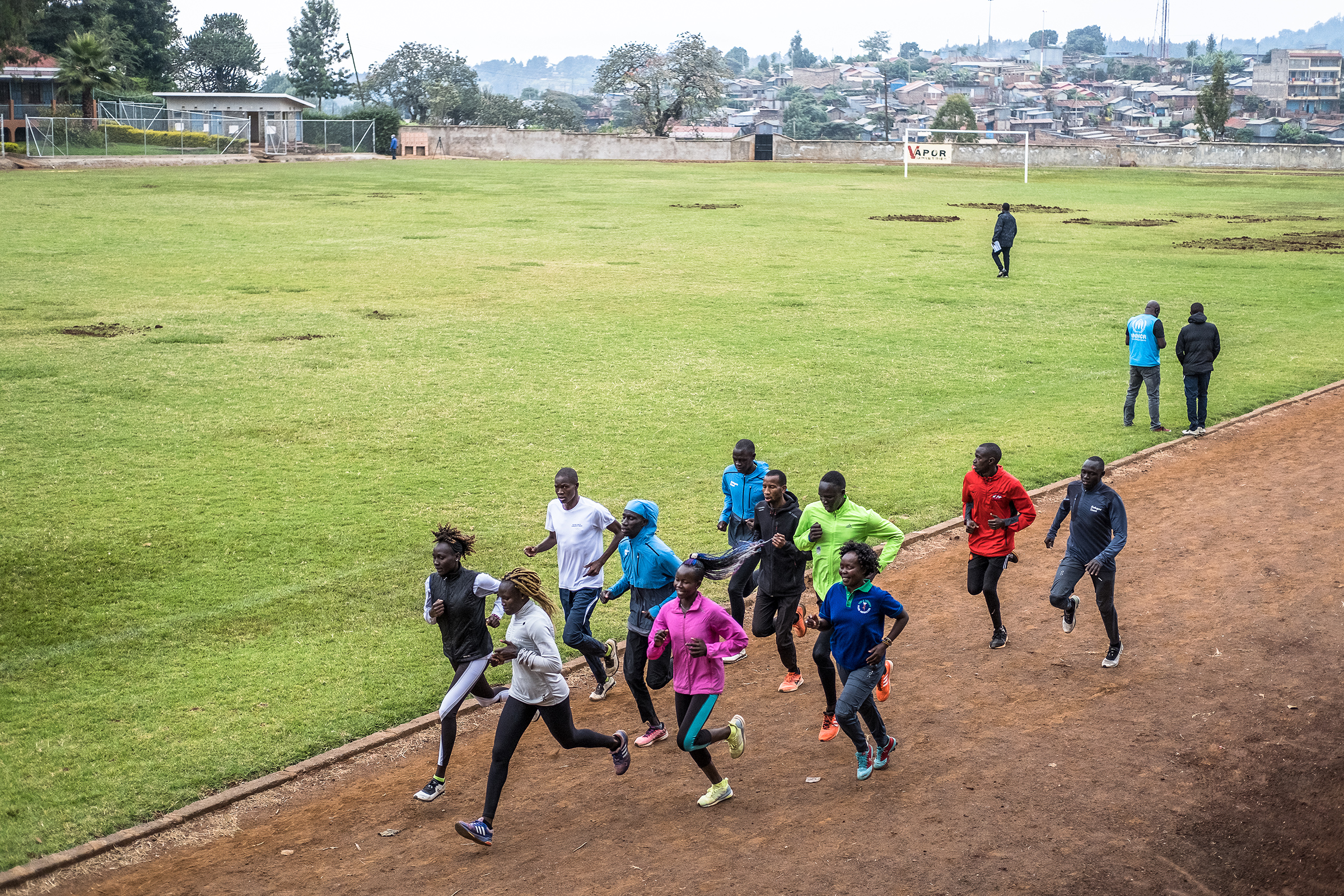 Refugee athletes run laps at the training camp in Ngong, Kenya.